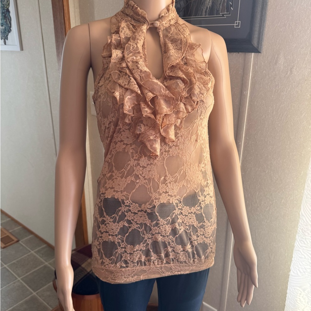 Chic Lace Ruffle Halter Top - Brown - Picture 2 of 14